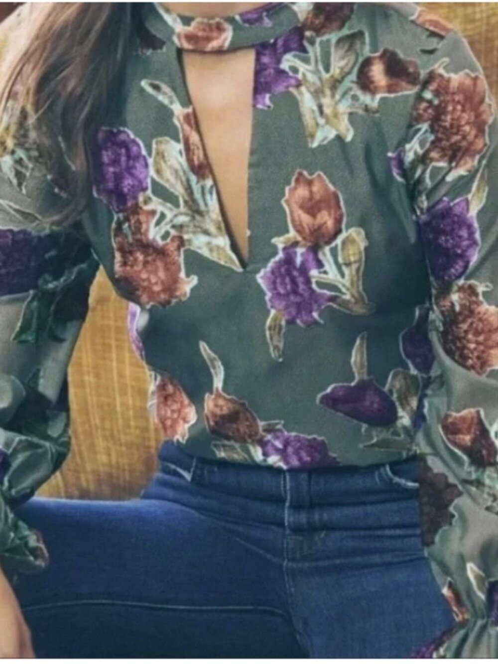 Saylor Floral Keyhole Long-Sleeve Top - Multicolor Size M